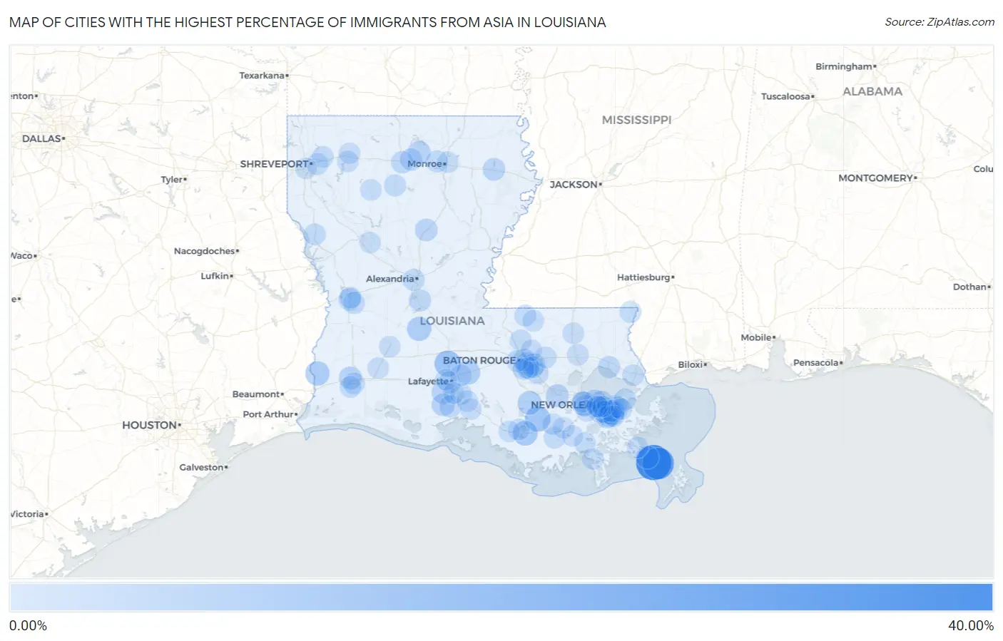 Cities with the Highest Percentage of Immigrants from Asia in Louisiana Map