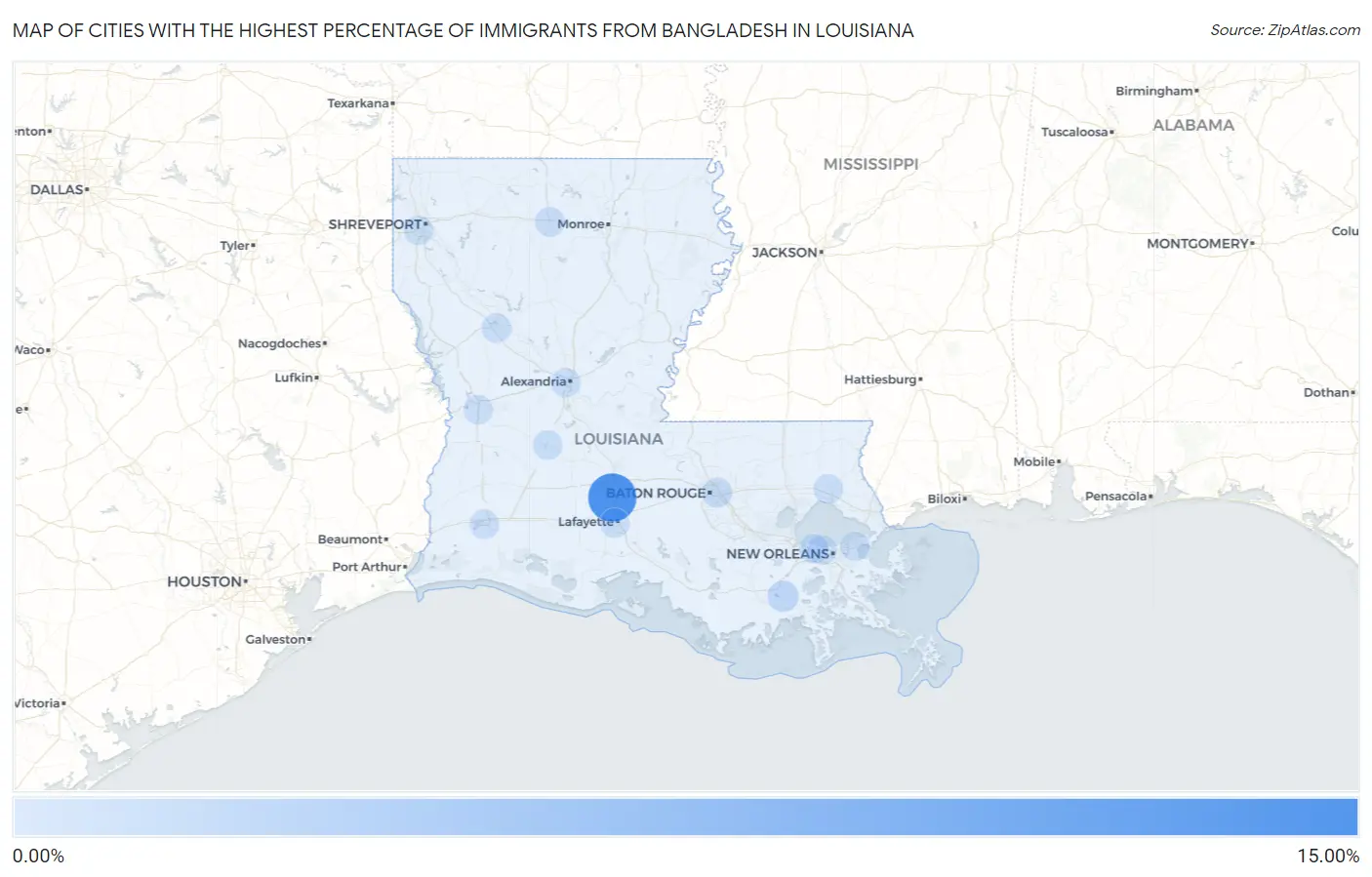 Cities with the Highest Percentage of Immigrants from Bangladesh in Louisiana Map