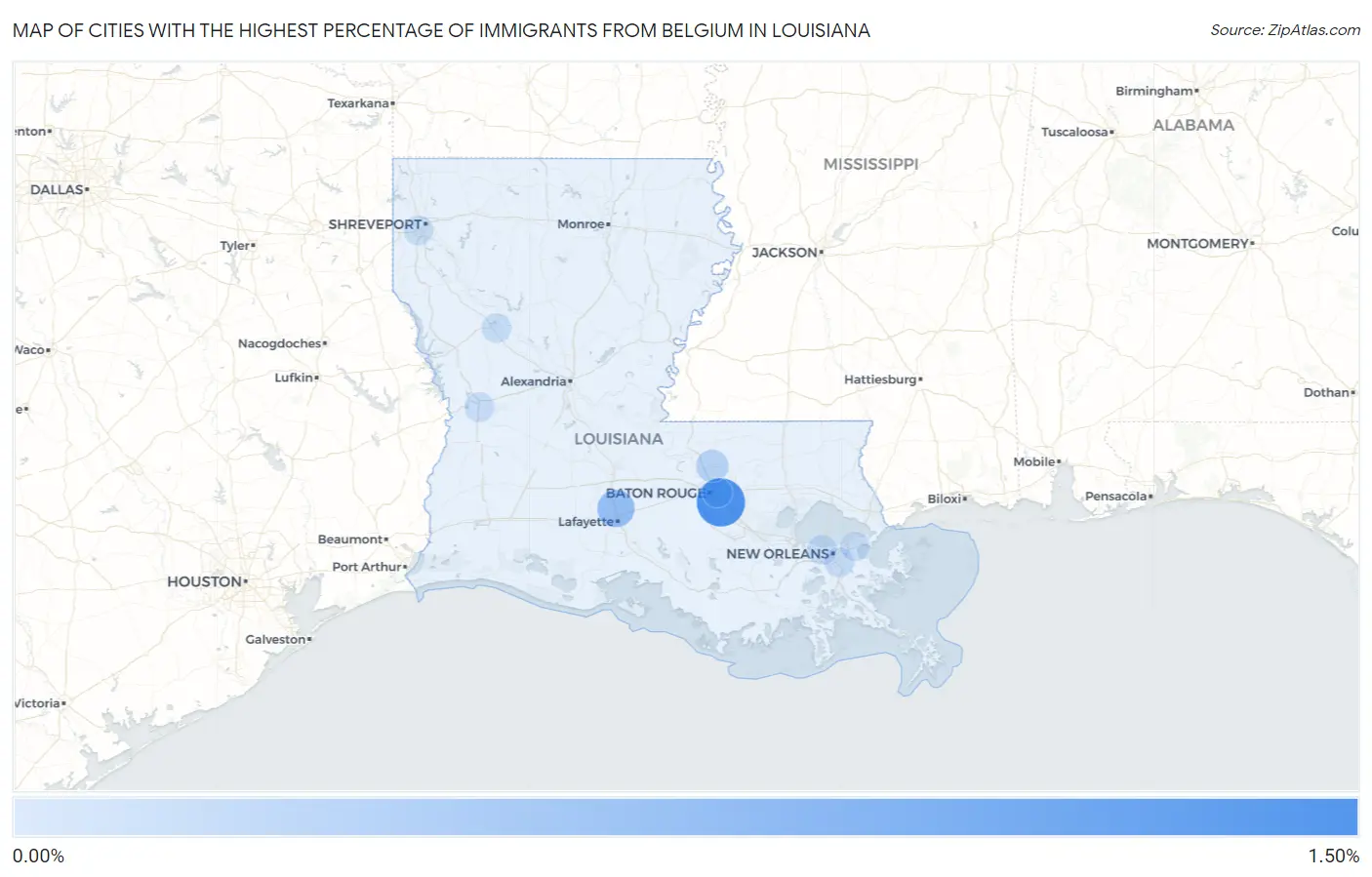 Cities with the Highest Percentage of Immigrants from Belgium in Louisiana Map