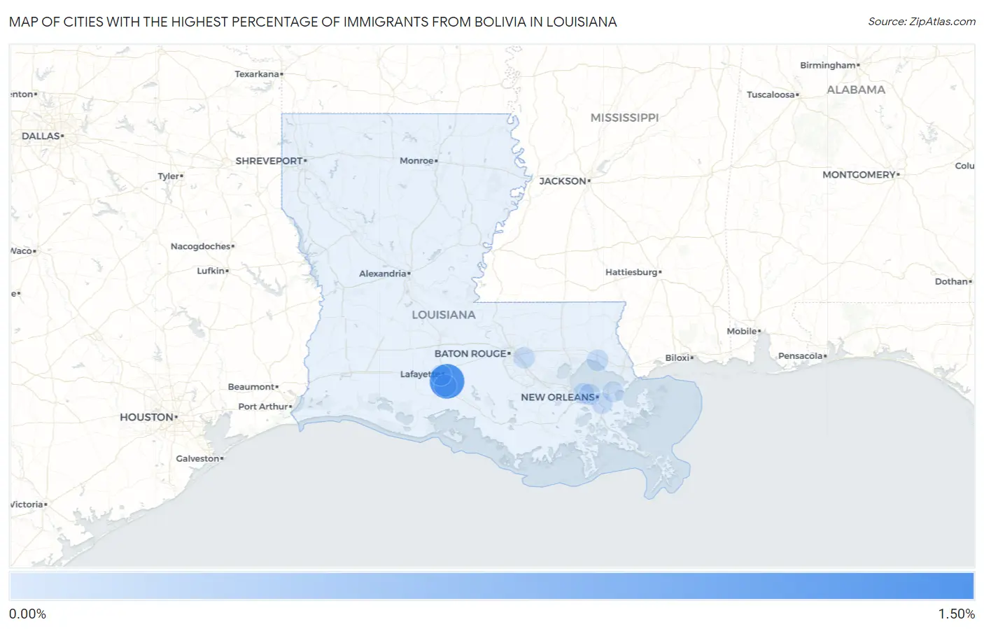Cities with the Highest Percentage of Immigrants from Bolivia in Louisiana Map