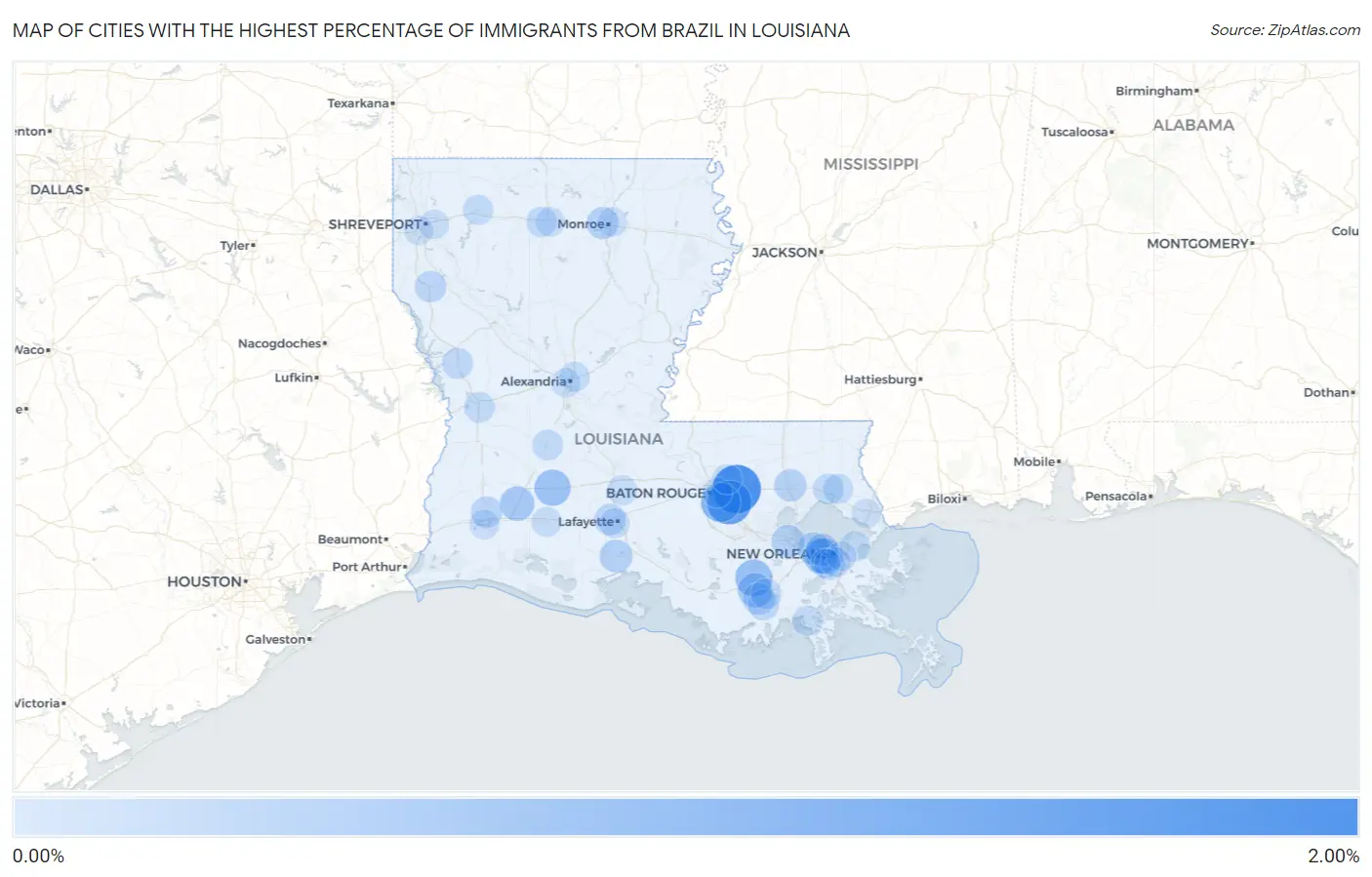 Cities with the Highest Percentage of Immigrants from Brazil in Louisiana Map
