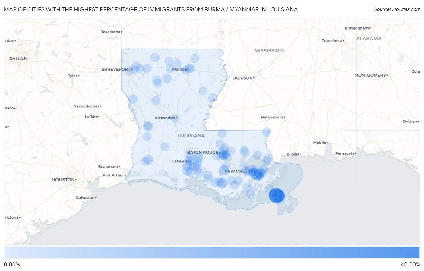 Cities with the Highest Percentage of Immigrants from Burma / Myanmar in Louisiana Map