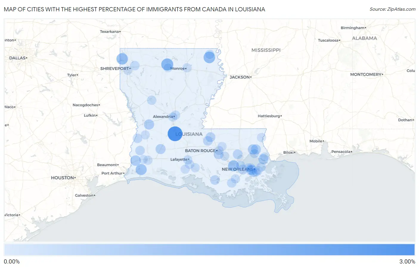 Cities with the Highest Percentage of Immigrants from Canada in Louisiana Map