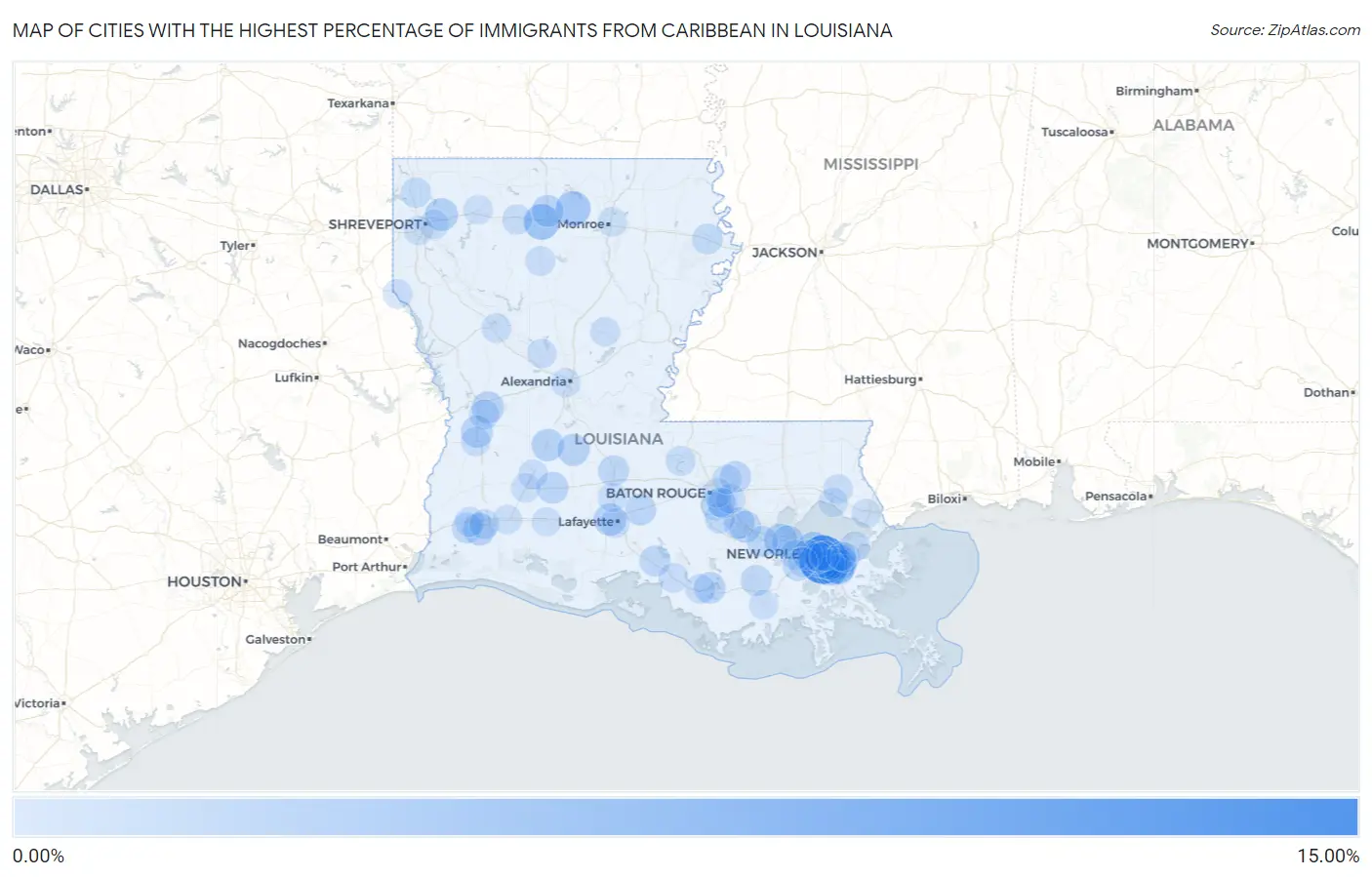 Cities with the Highest Percentage of Immigrants from Caribbean in Louisiana Map