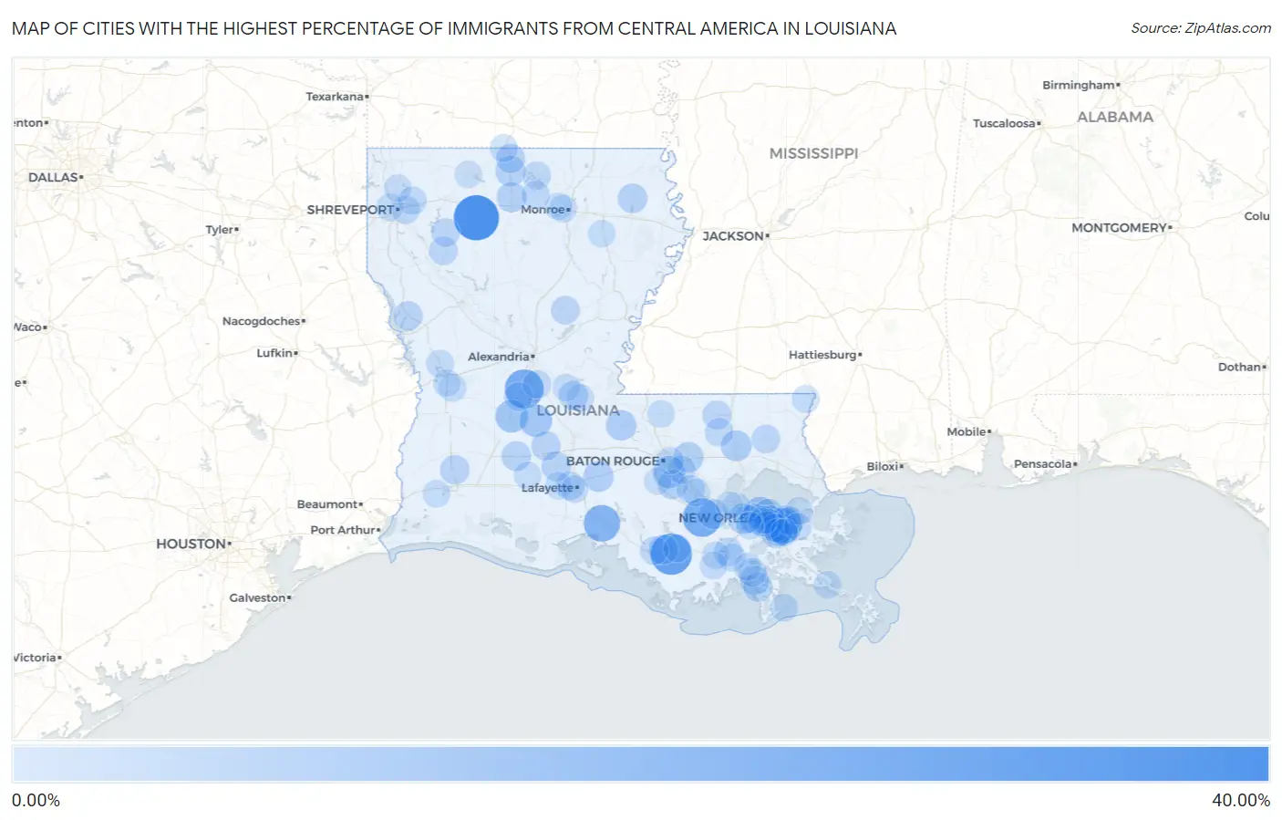 Cities with the Highest Percentage of Immigrants from Central America in Louisiana Map