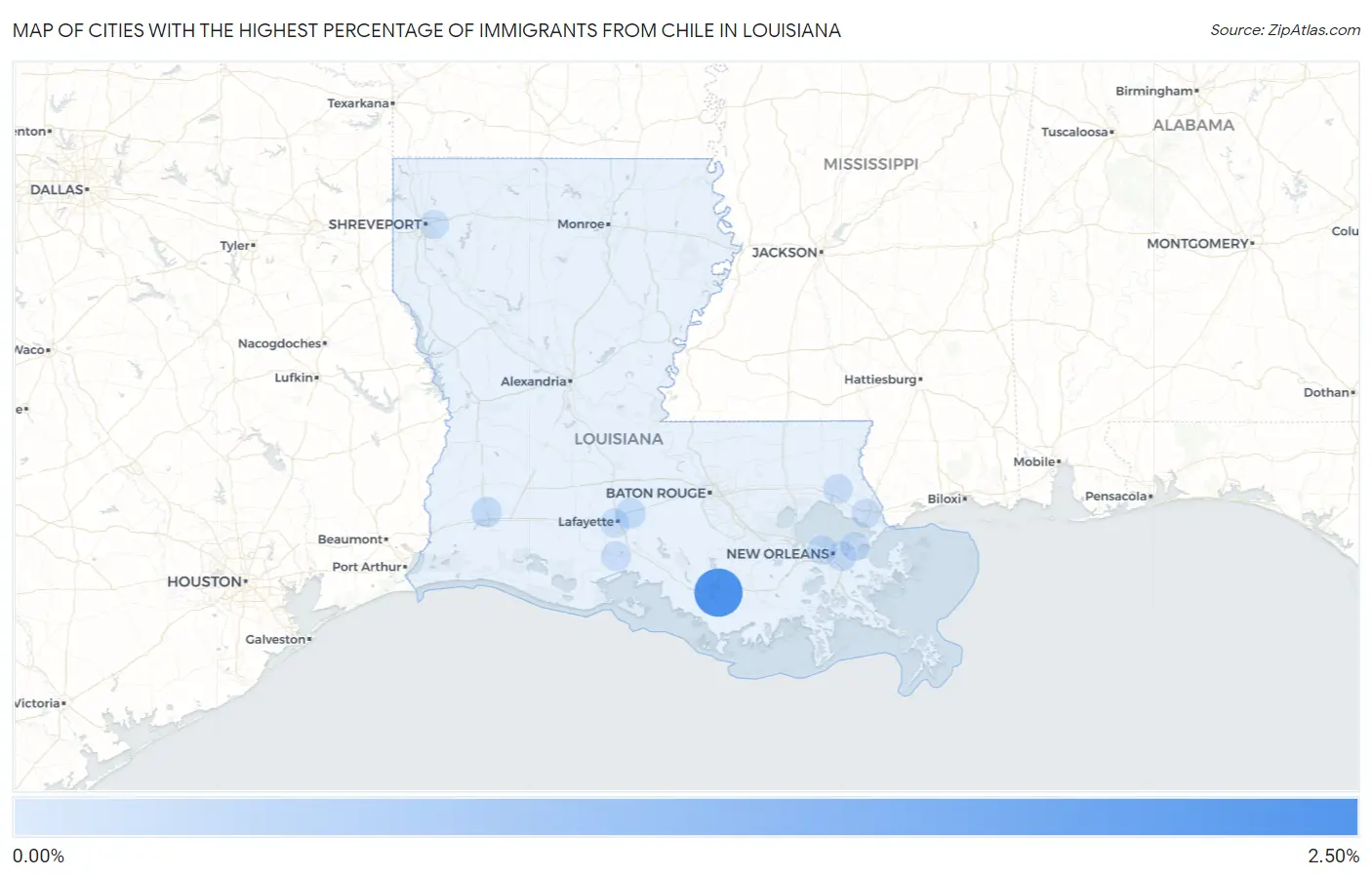 Cities with the Highest Percentage of Immigrants from Chile in Louisiana Map