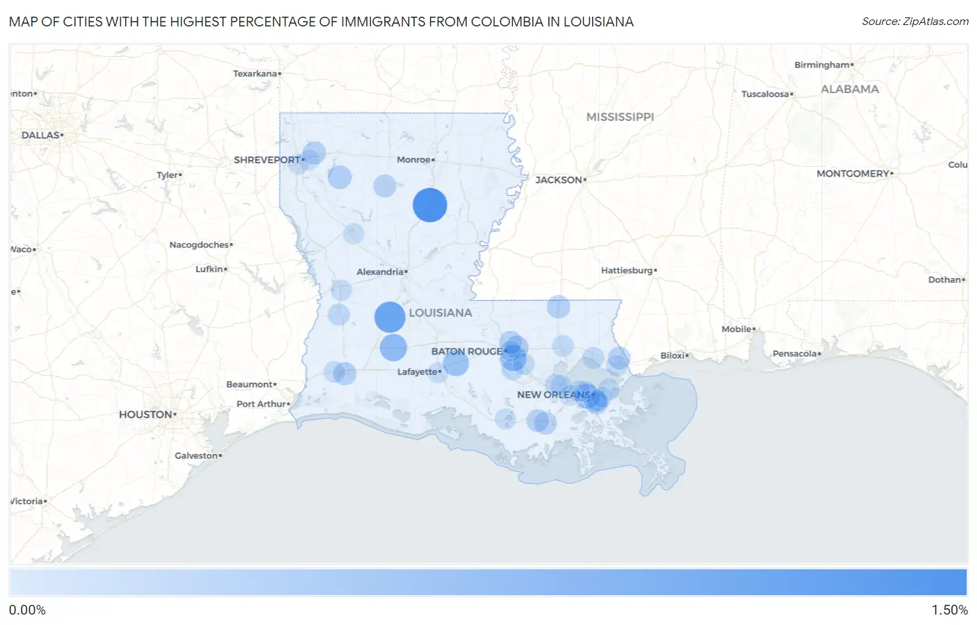 Cities with the Highest Percentage of Immigrants from Colombia in Louisiana Map