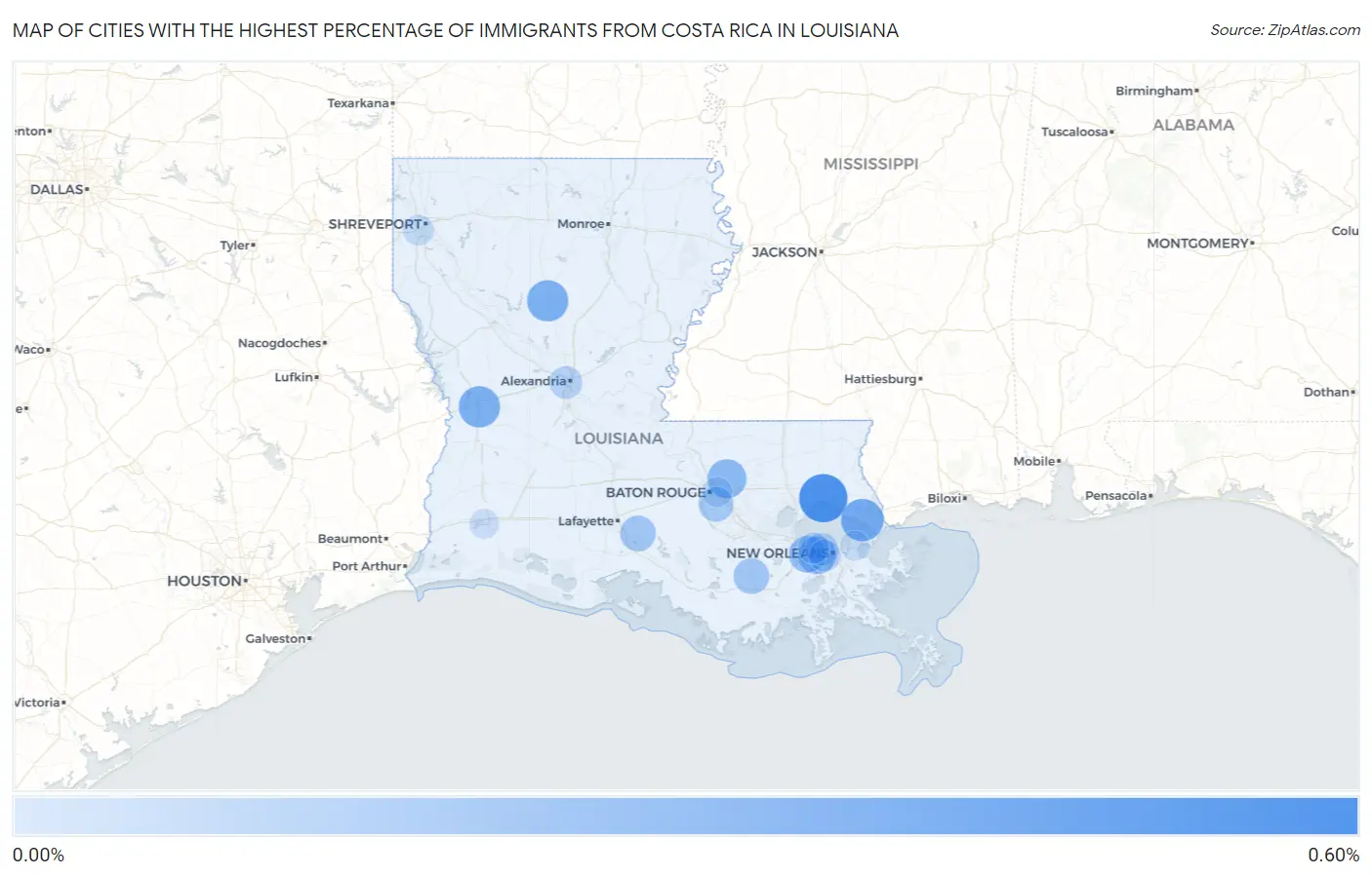 Cities with the Highest Percentage of Immigrants from Costa Rica in Louisiana Map