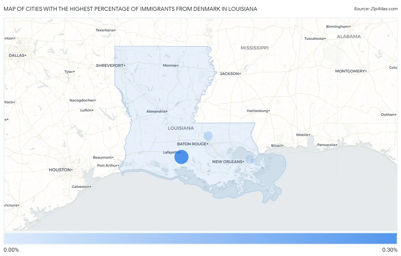 Cities with the Highest Percentage of Immigrants from Denmark in Louisiana Map