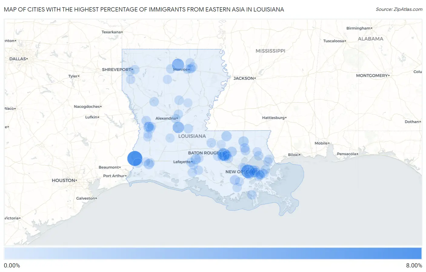 Cities with the Highest Percentage of Immigrants from Eastern Asia in Louisiana Map
