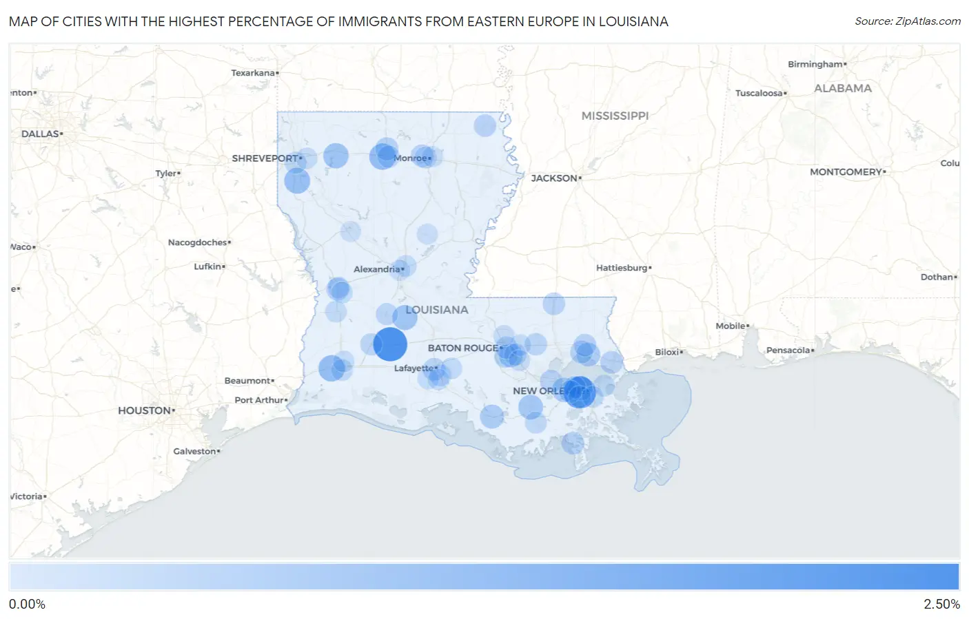 Cities with the Highest Percentage of Immigrants from Eastern Europe in Louisiana Map