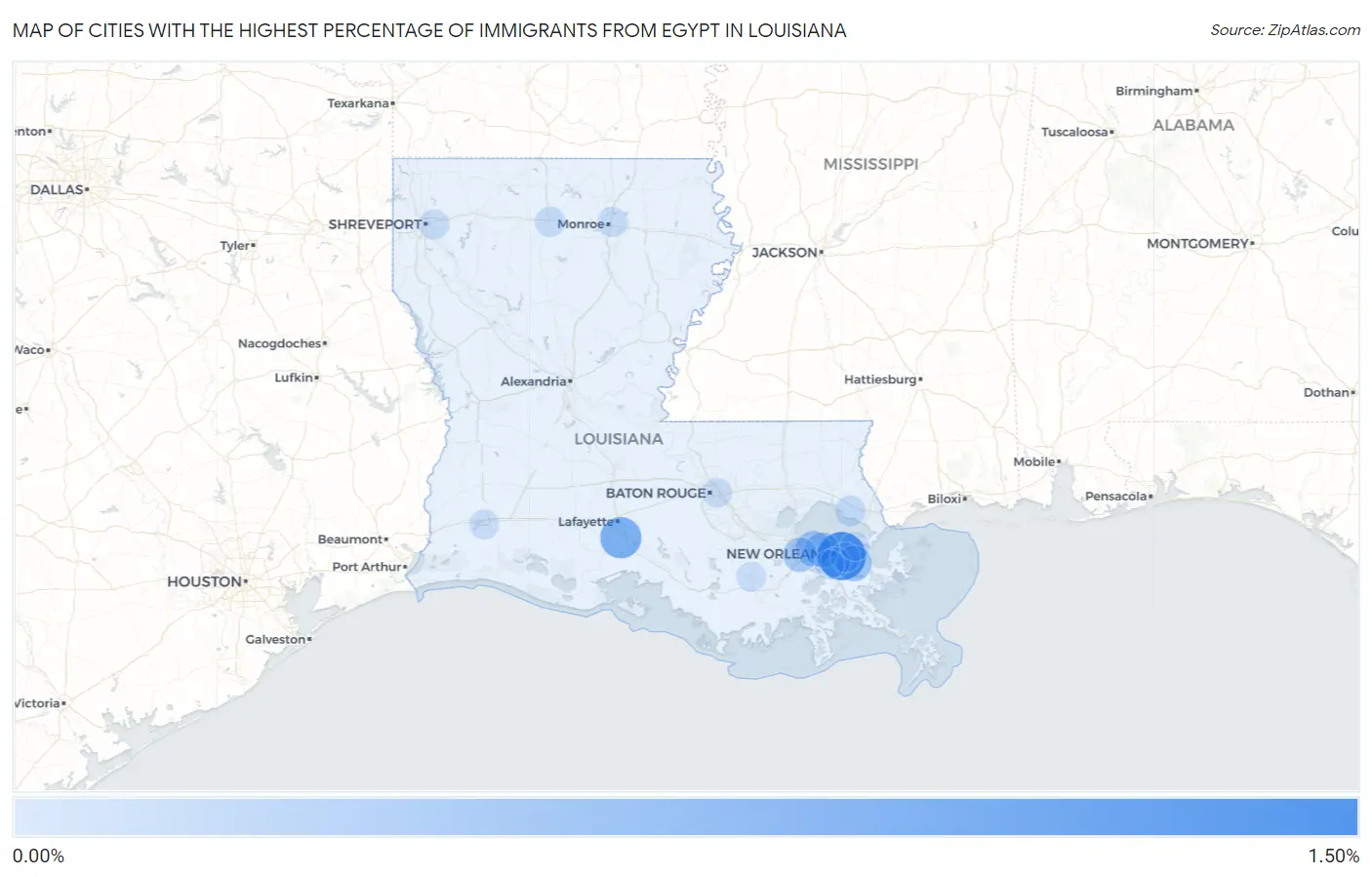 Cities with the Highest Percentage of Immigrants from Egypt in Louisiana Map