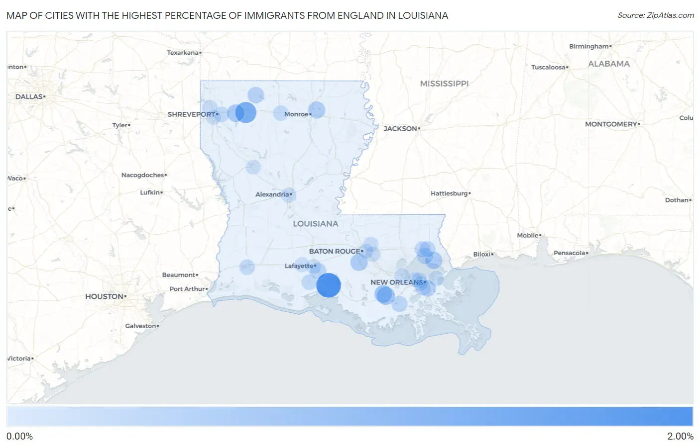 Cities with the Highest Percentage of Immigrants from England in Louisiana Map
