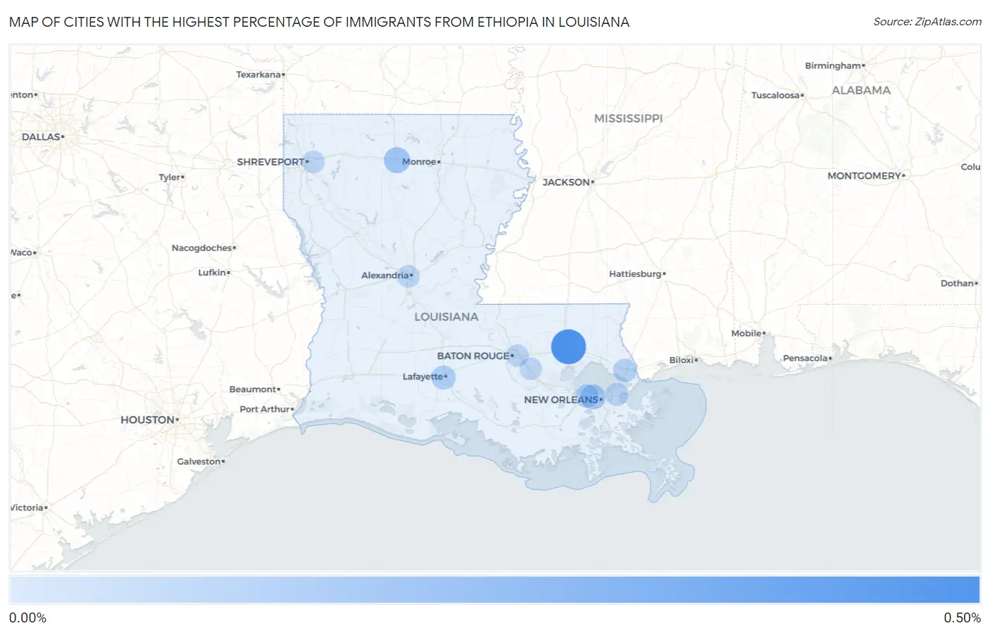 Cities with the Highest Percentage of Immigrants from Ethiopia in Louisiana Map