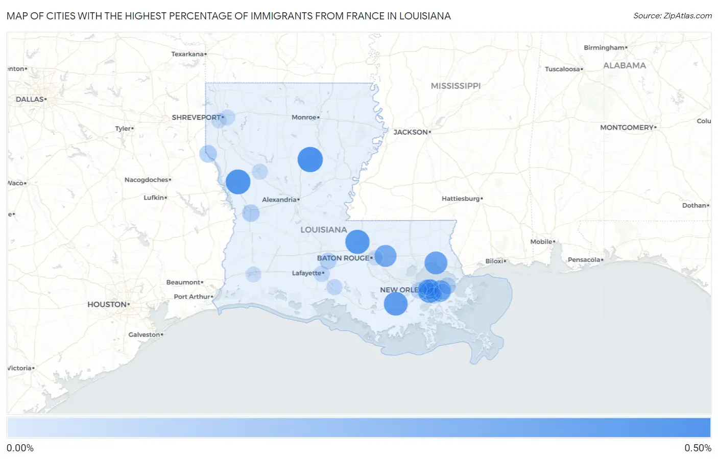 Cities with the Highest Percentage of Immigrants from France in Louisiana Map