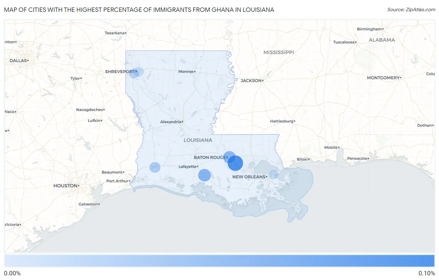 Cities with the Highest Percentage of Immigrants from Ghana in Louisiana Map