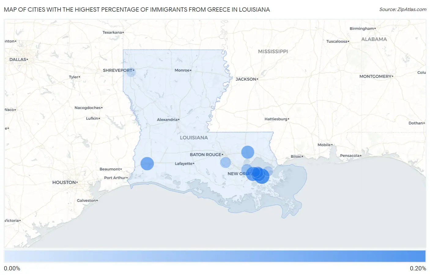 Cities with the Highest Percentage of Immigrants from Greece in Louisiana Map
