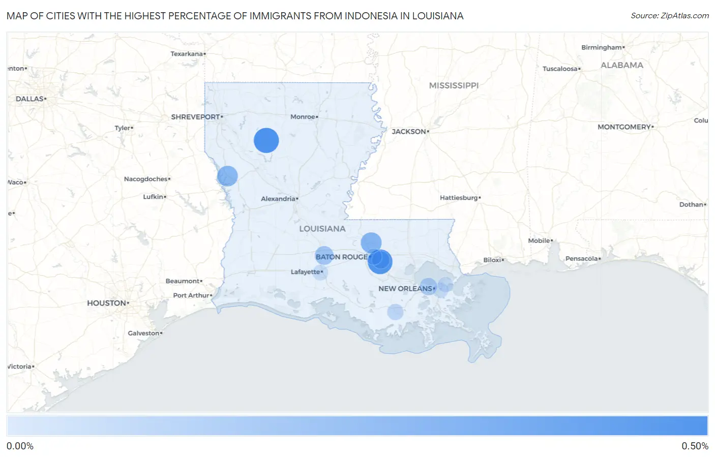 Cities with the Highest Percentage of Immigrants from Indonesia in Louisiana Map