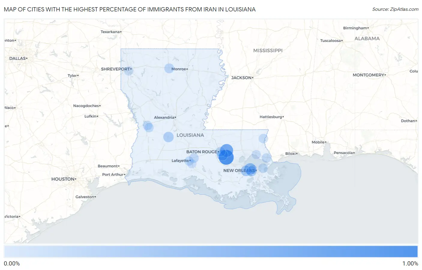 Cities with the Highest Percentage of Immigrants from Iran in Louisiana Map