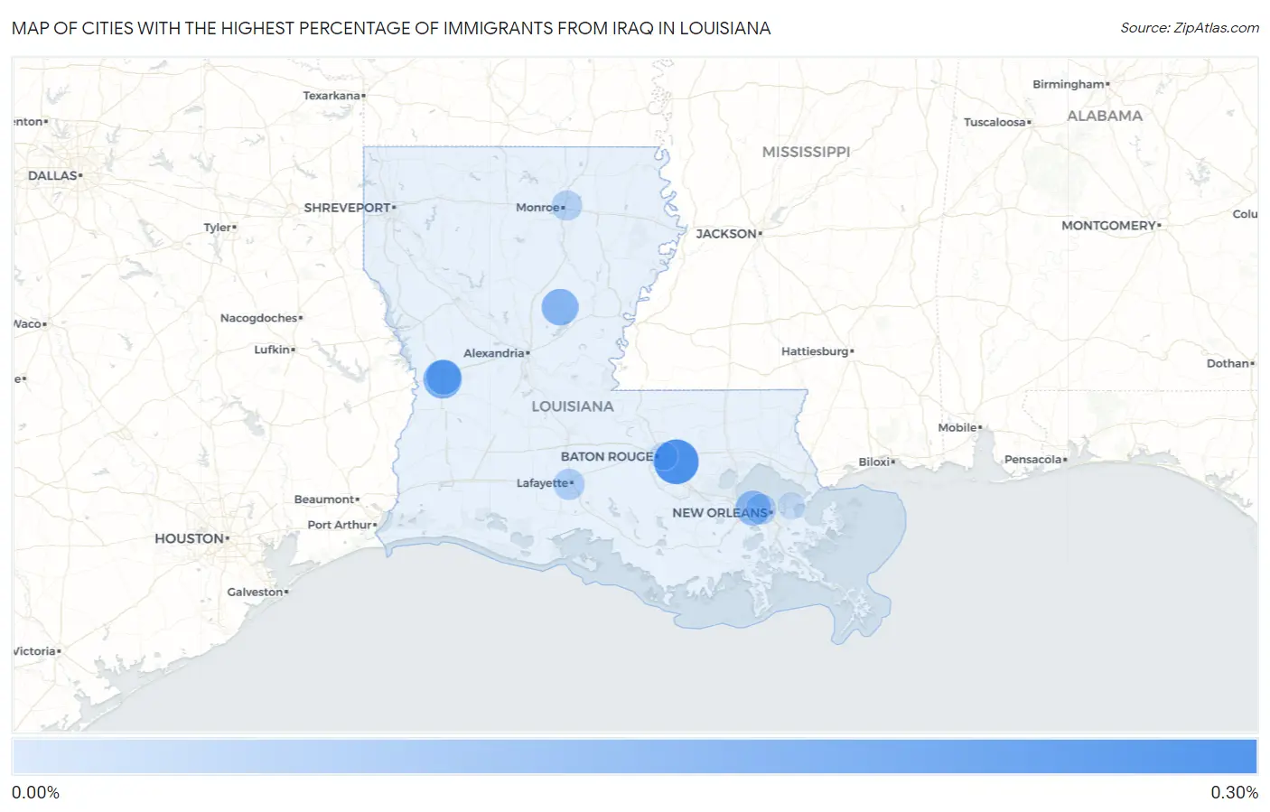 Cities with the Highest Percentage of Immigrants from Iraq in Louisiana Map
