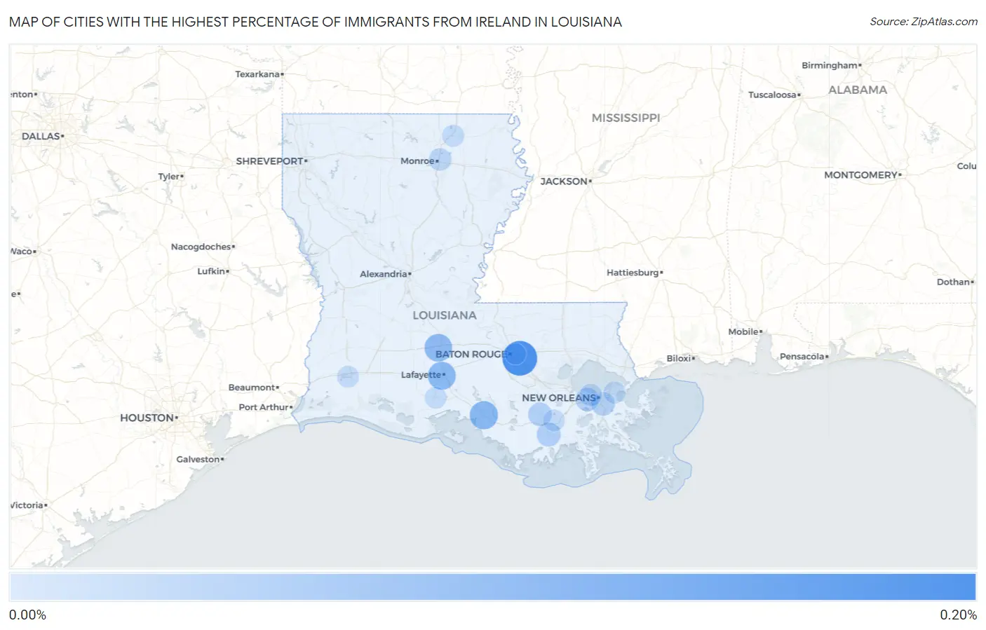 Cities with the Highest Percentage of Immigrants from Ireland in Louisiana Map