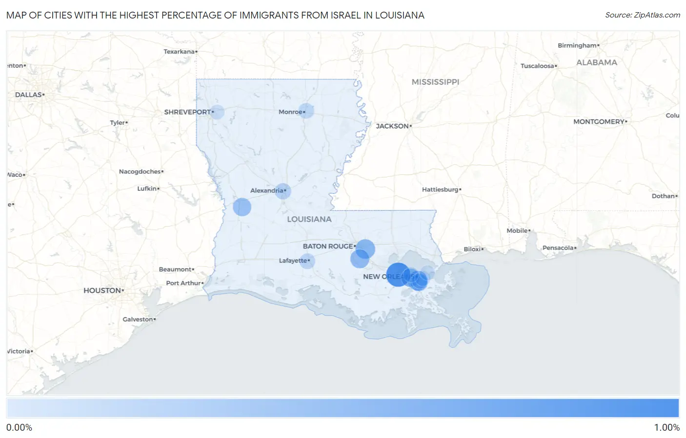 Cities with the Highest Percentage of Immigrants from Israel in Louisiana Map