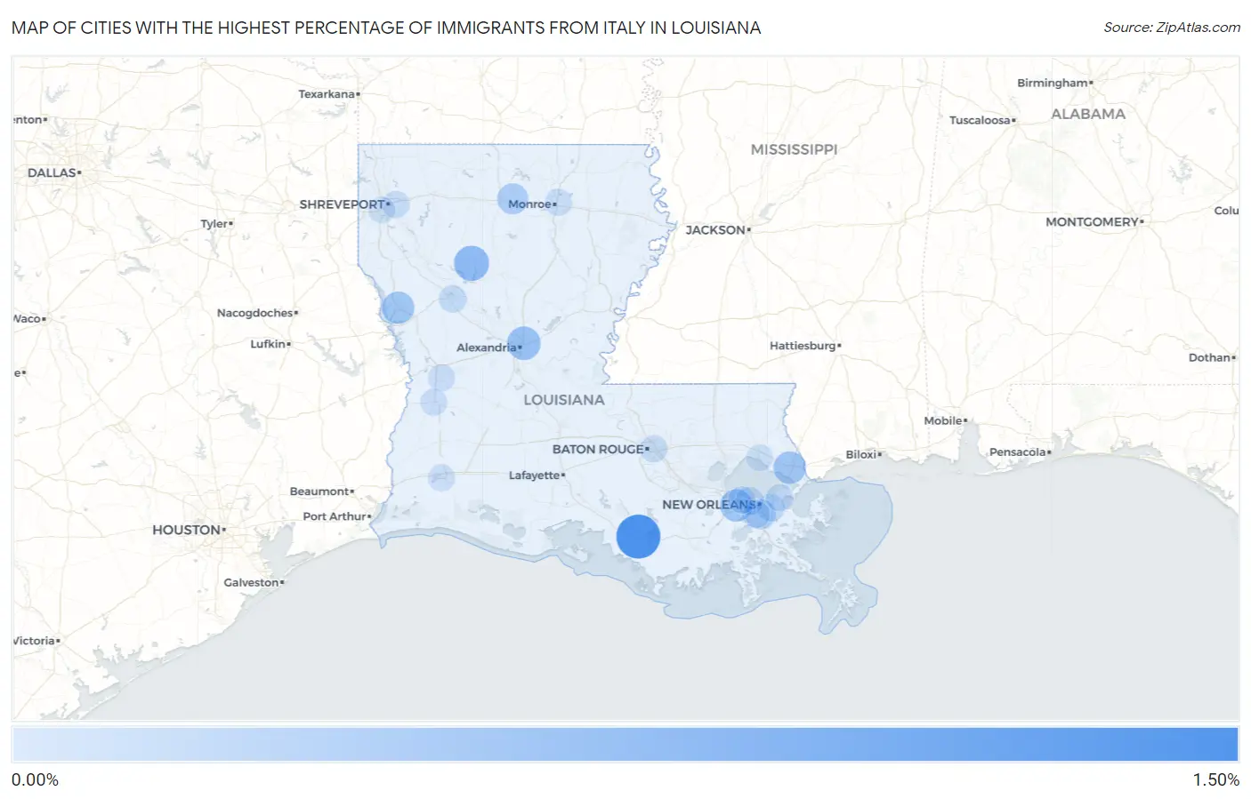 Cities with the Highest Percentage of Immigrants from Italy in Louisiana Map