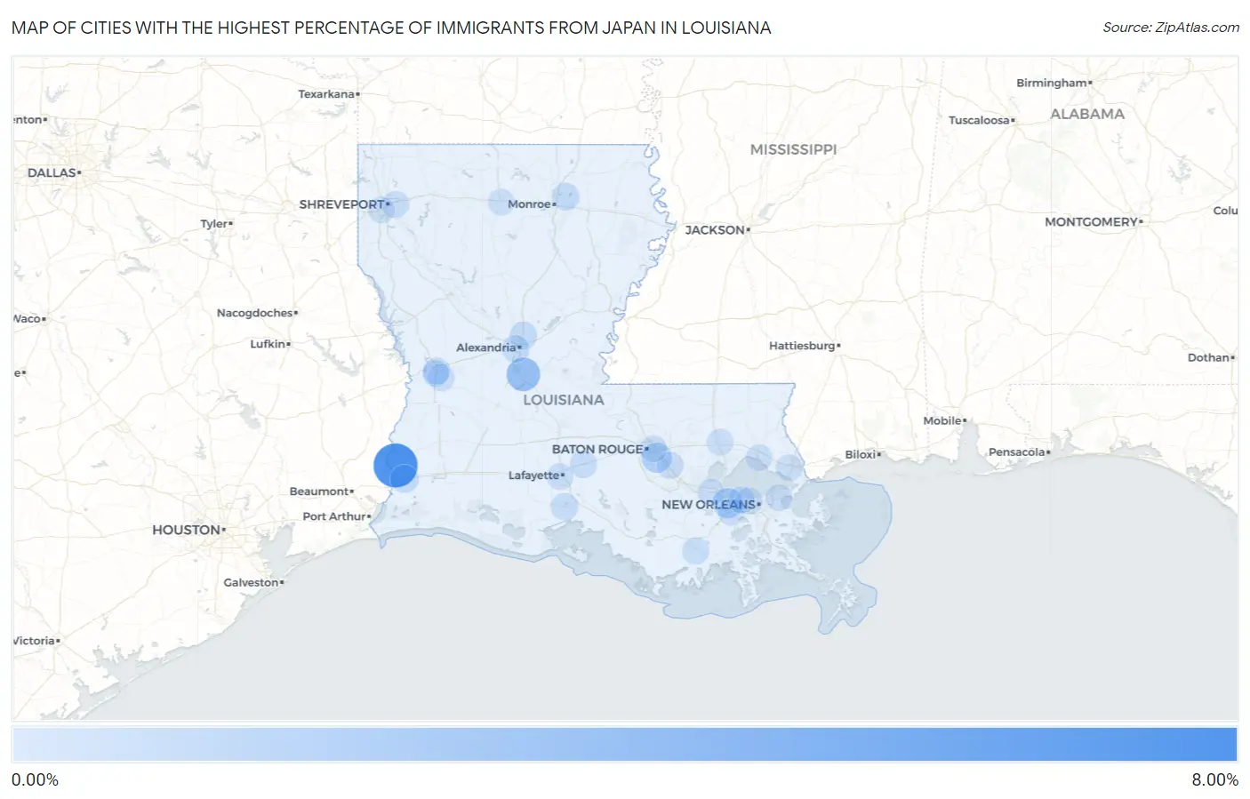 Cities with the Highest Percentage of Immigrants from Japan in Louisiana Map