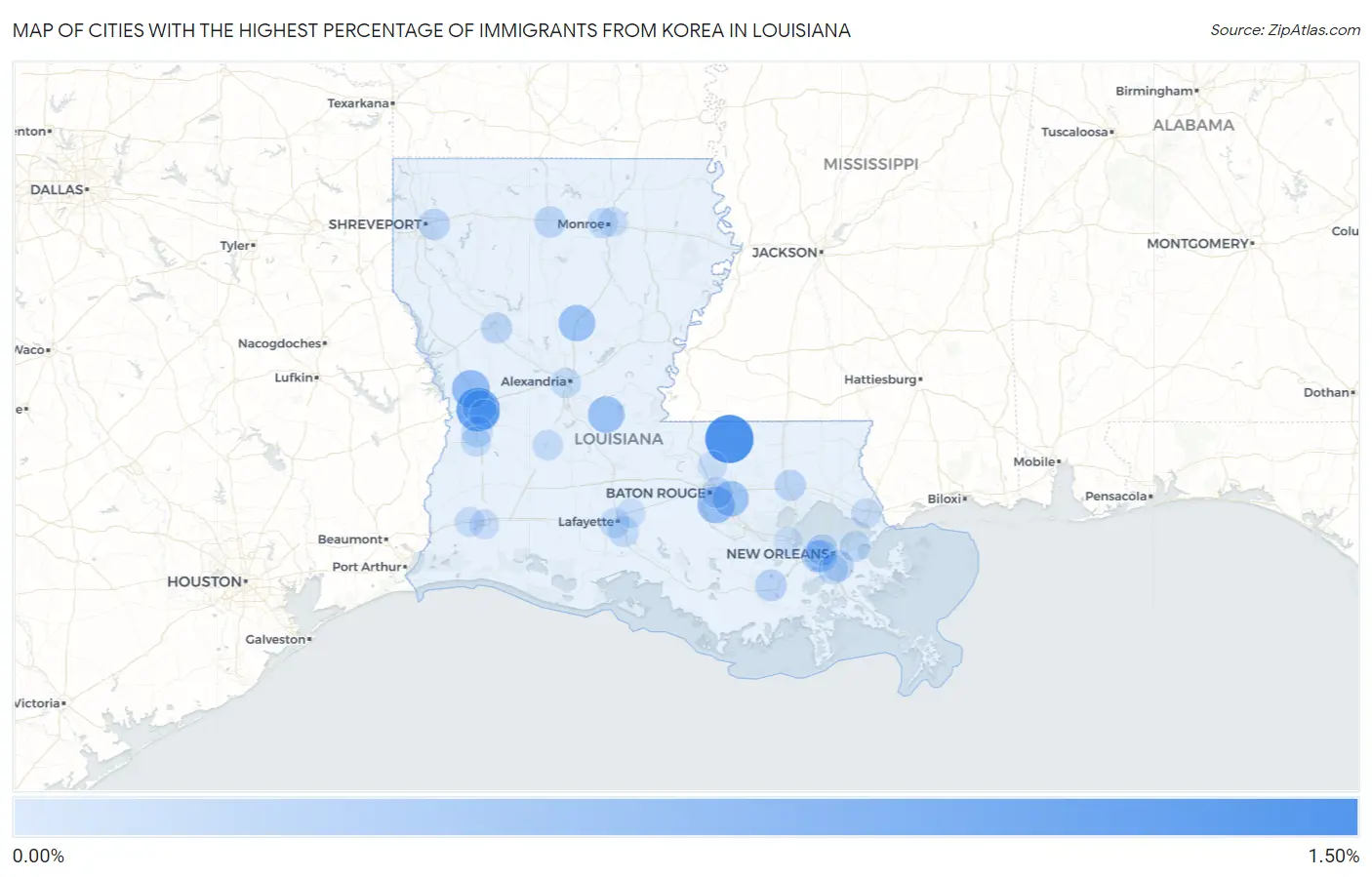 Cities with the Highest Percentage of Immigrants from Korea in Louisiana Map