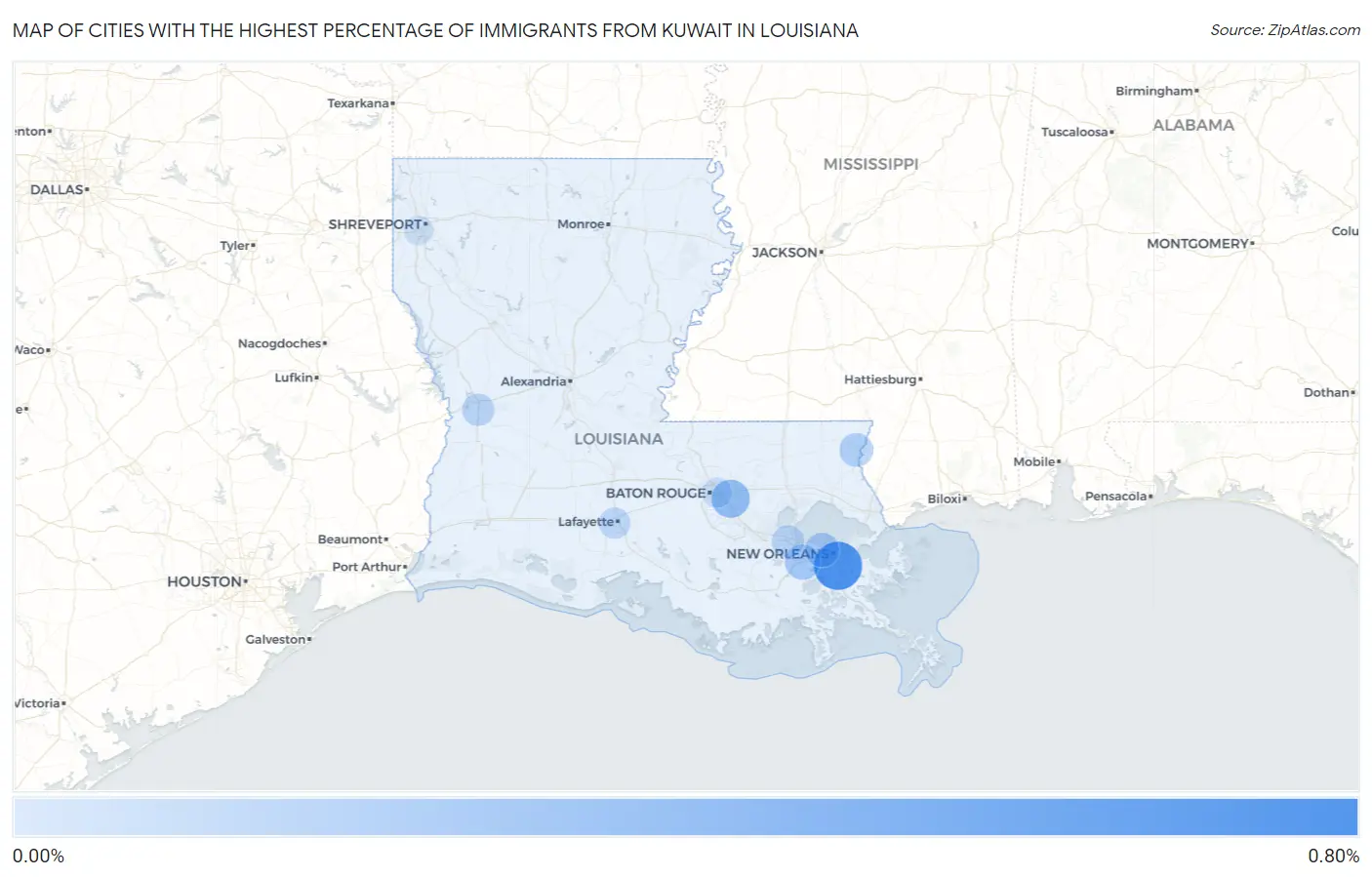 Cities with the Highest Percentage of Immigrants from Kuwait in Louisiana Map