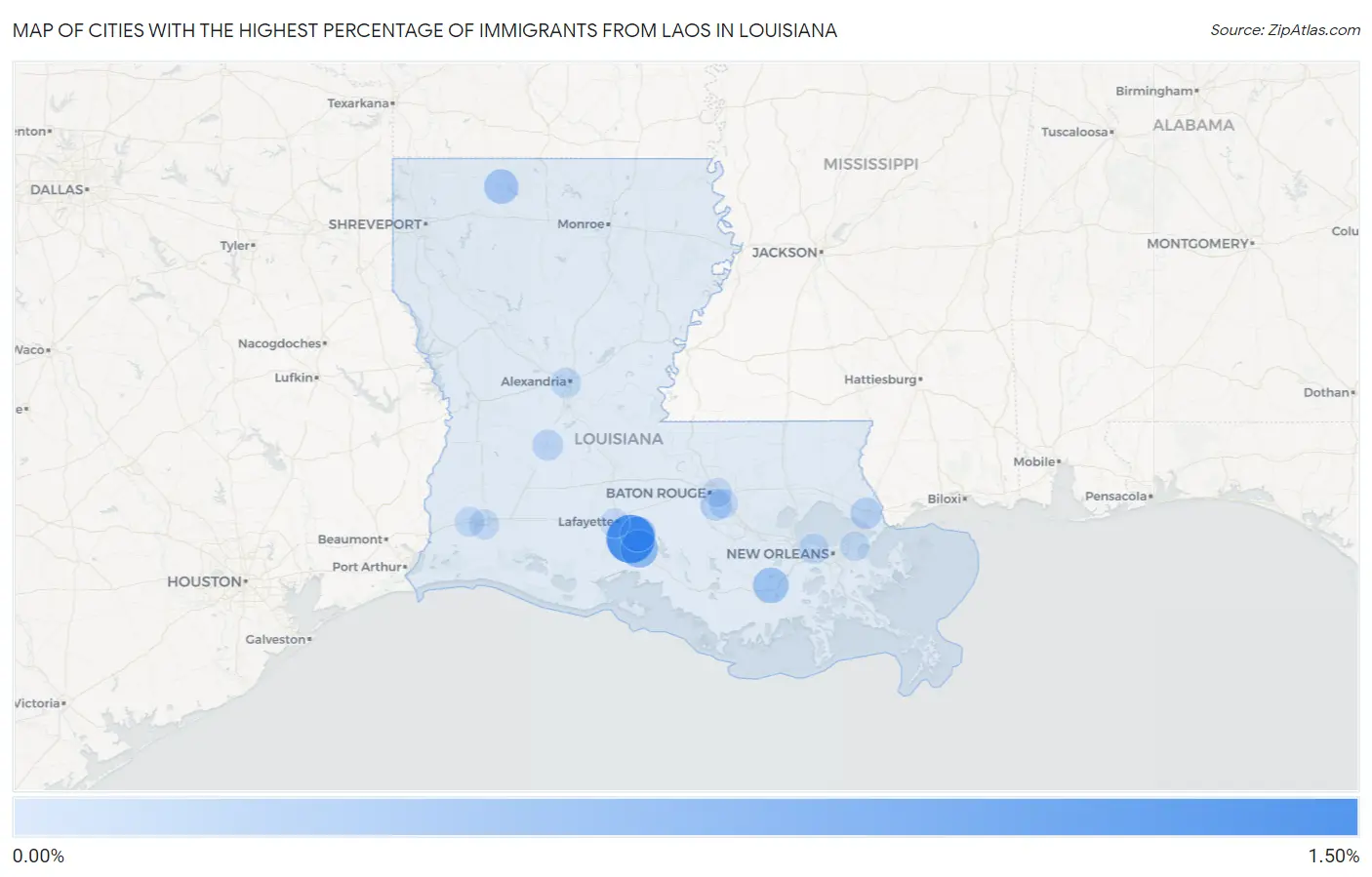 Cities with the Highest Percentage of Immigrants from Laos in Louisiana Map