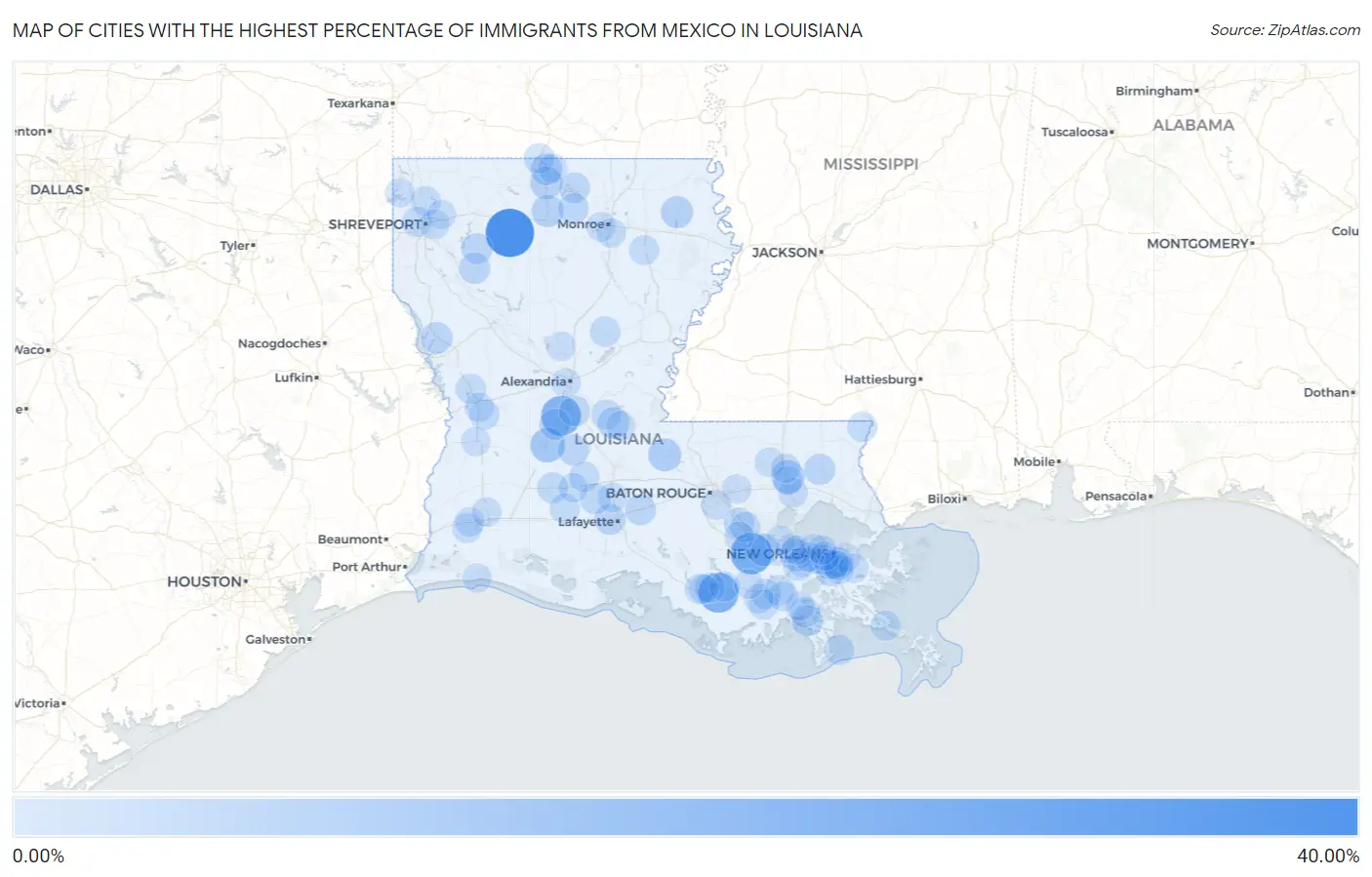 Cities with the Highest Percentage of Immigrants from Mexico in Louisiana Map