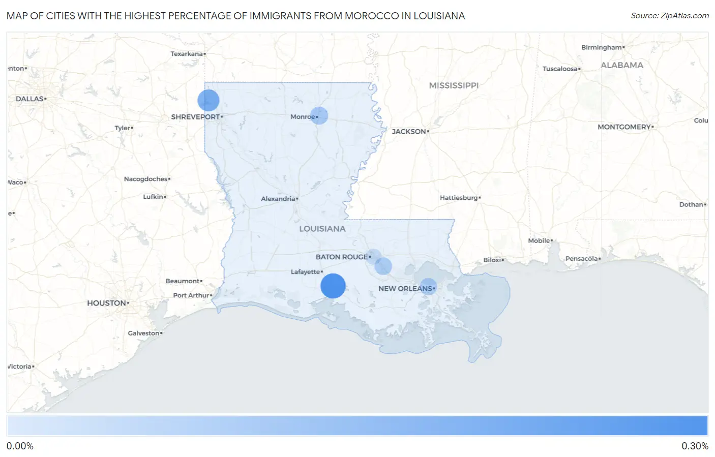 Cities with the Highest Percentage of Immigrants from Morocco in Louisiana Map