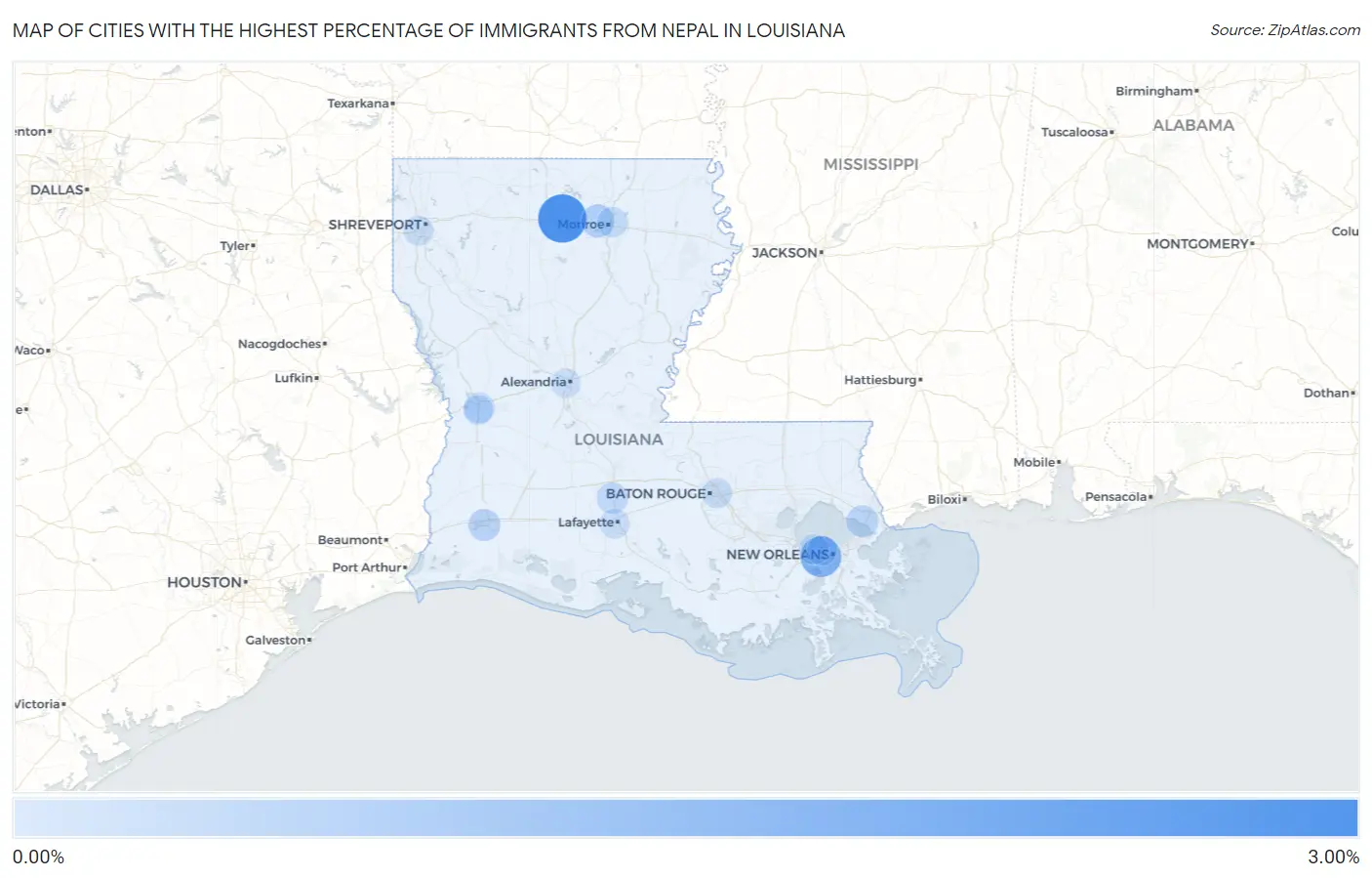 Cities with the Highest Percentage of Immigrants from Nepal in Louisiana Map