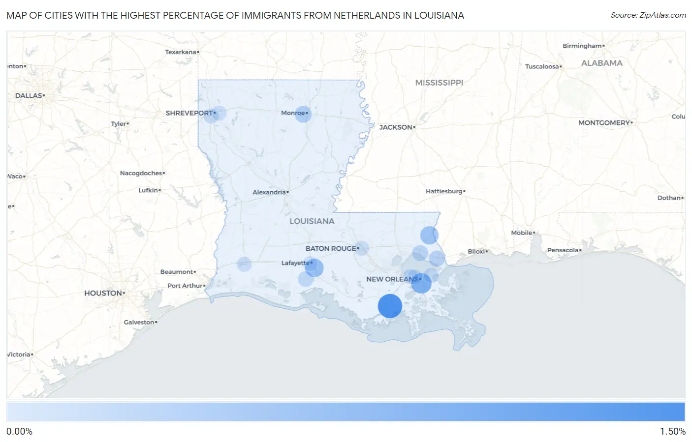 Cities with the Highest Percentage of Immigrants from Netherlands in Louisiana Map