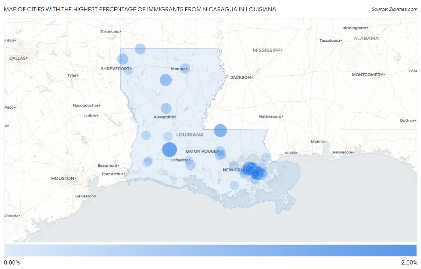 Cities with the Highest Percentage of Immigrants from Nicaragua in Louisiana Map