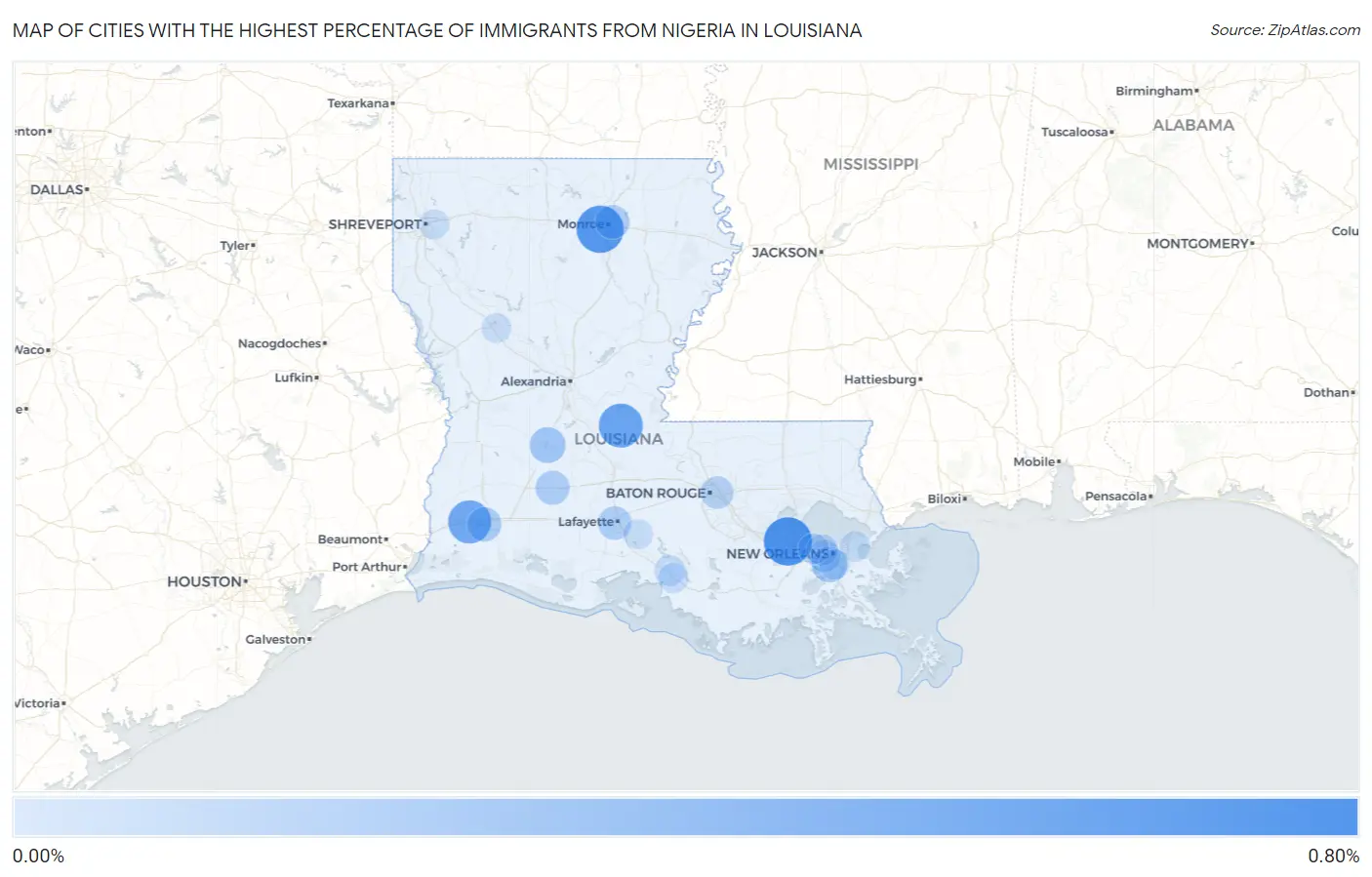 Cities with the Highest Percentage of Immigrants from Nigeria in Louisiana Map