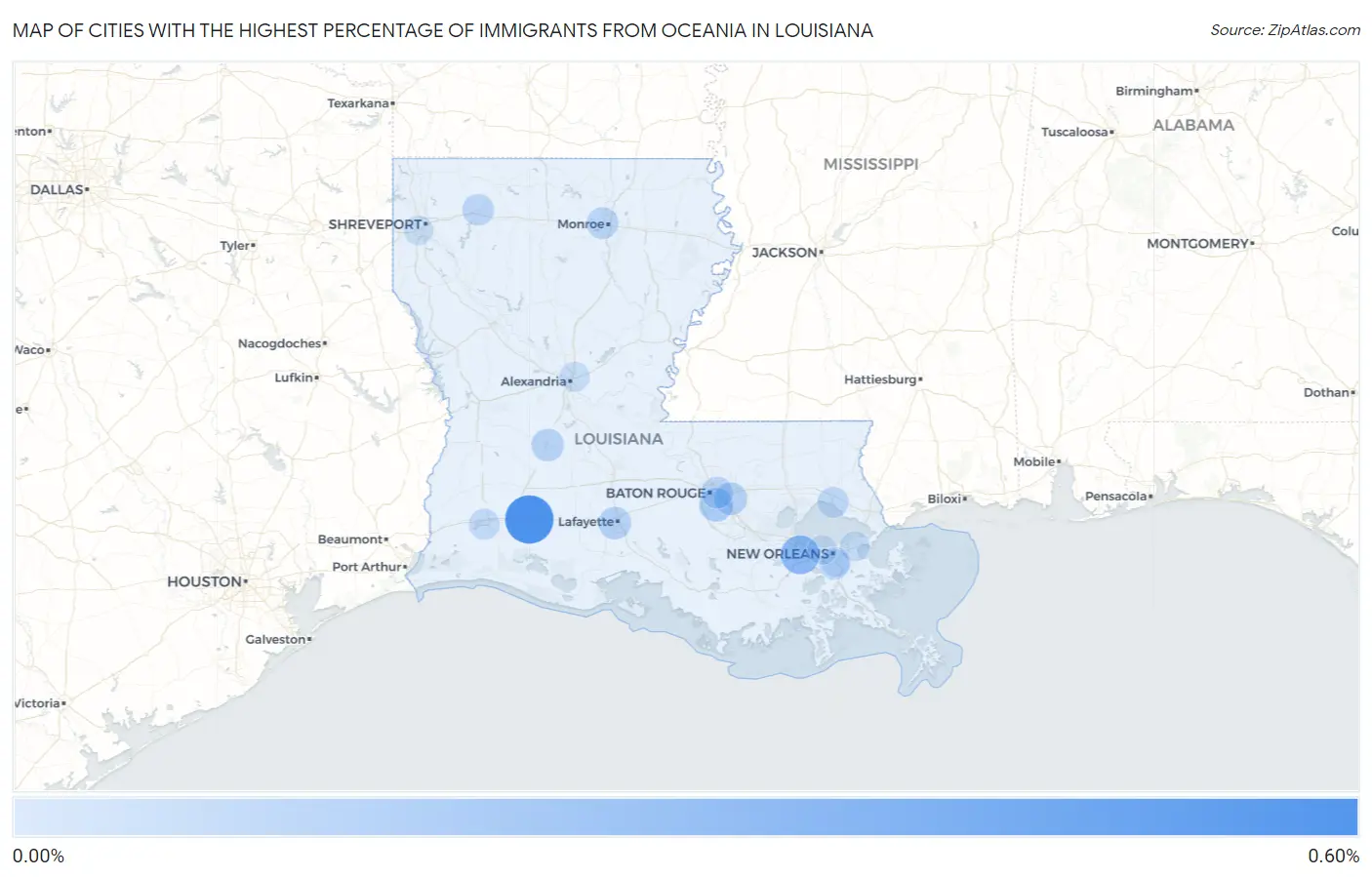 Cities with the Highest Percentage of Immigrants from Oceania in Louisiana Map