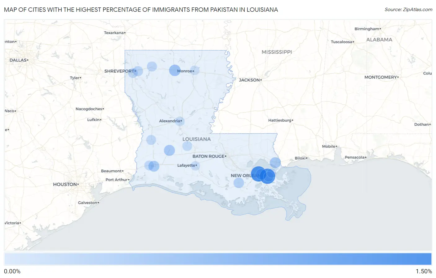 Cities with the Highest Percentage of Immigrants from Pakistan in Louisiana Map