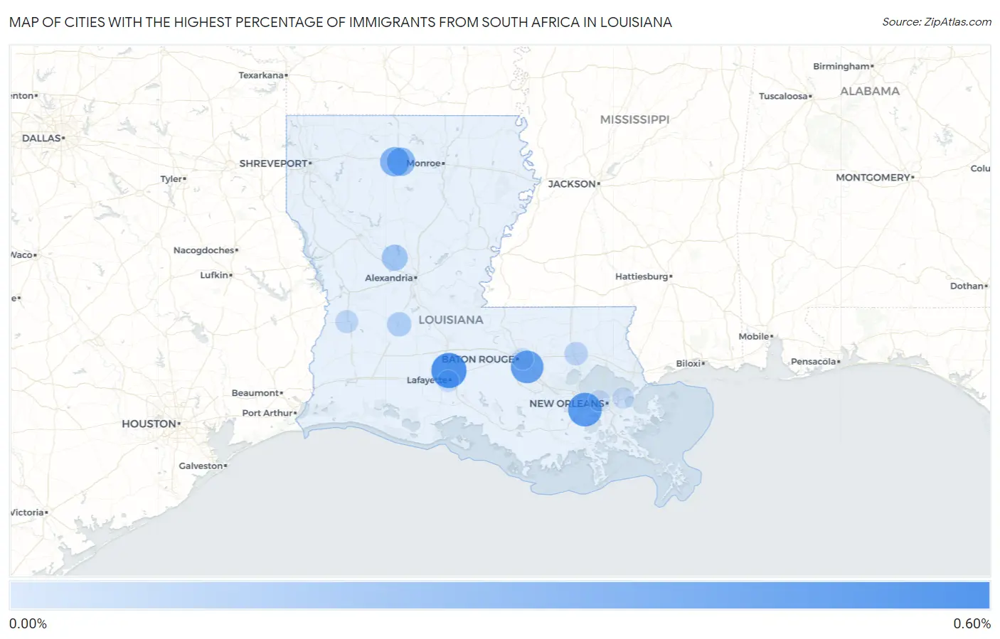 Cities with the Highest Percentage of Immigrants from South Africa in Louisiana Map