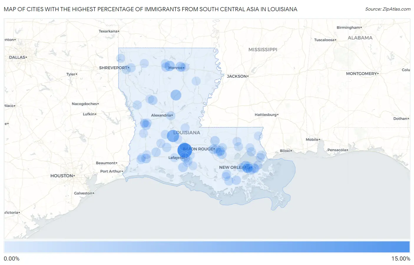 Cities with the Highest Percentage of Immigrants from South Central Asia in Louisiana Map