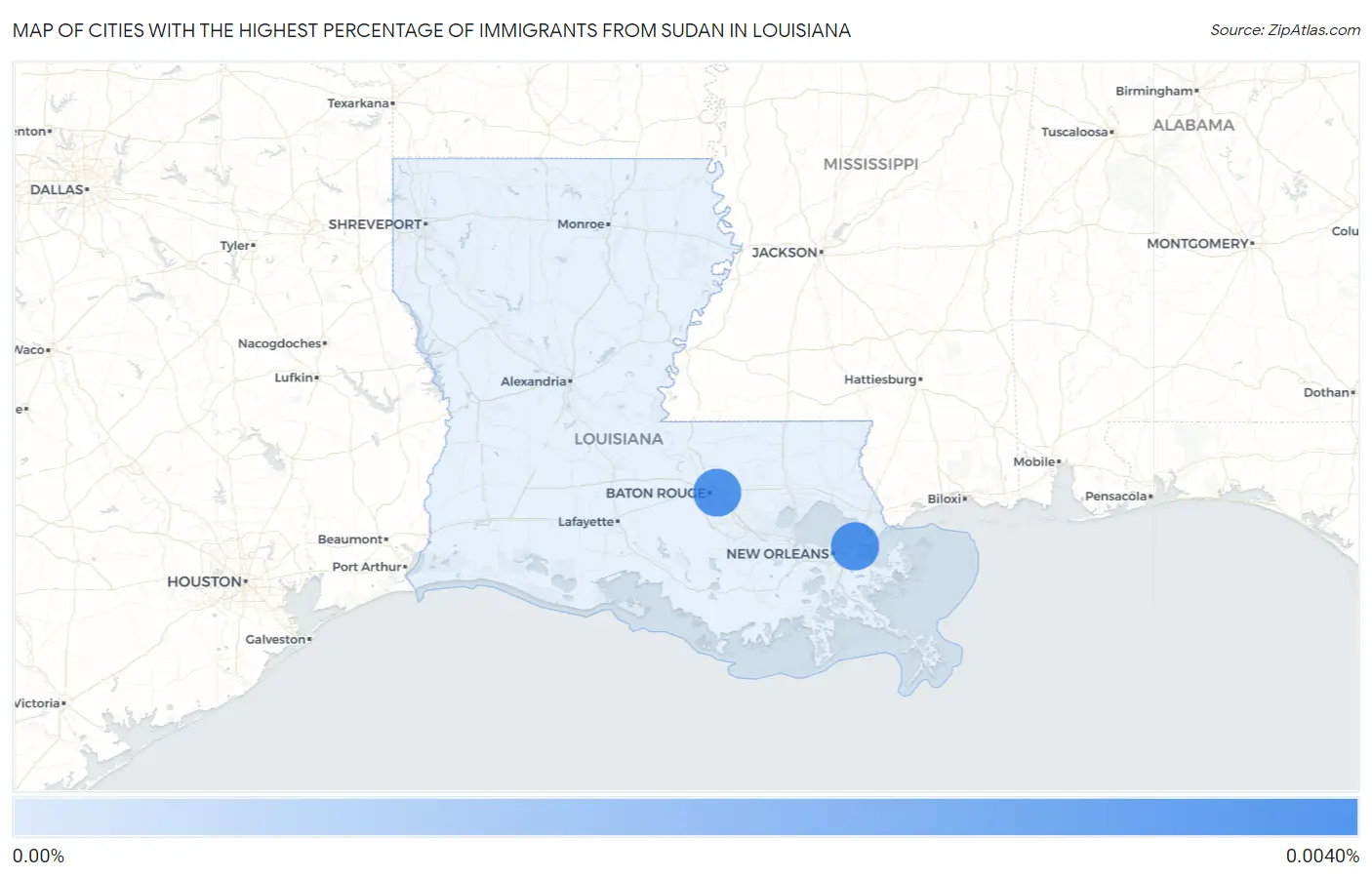 Cities with the Highest Percentage of Immigrants from Sudan in Louisiana Map