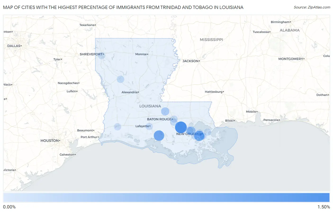Cities with the Highest Percentage of Immigrants from Trinidad and Tobago in Louisiana Map