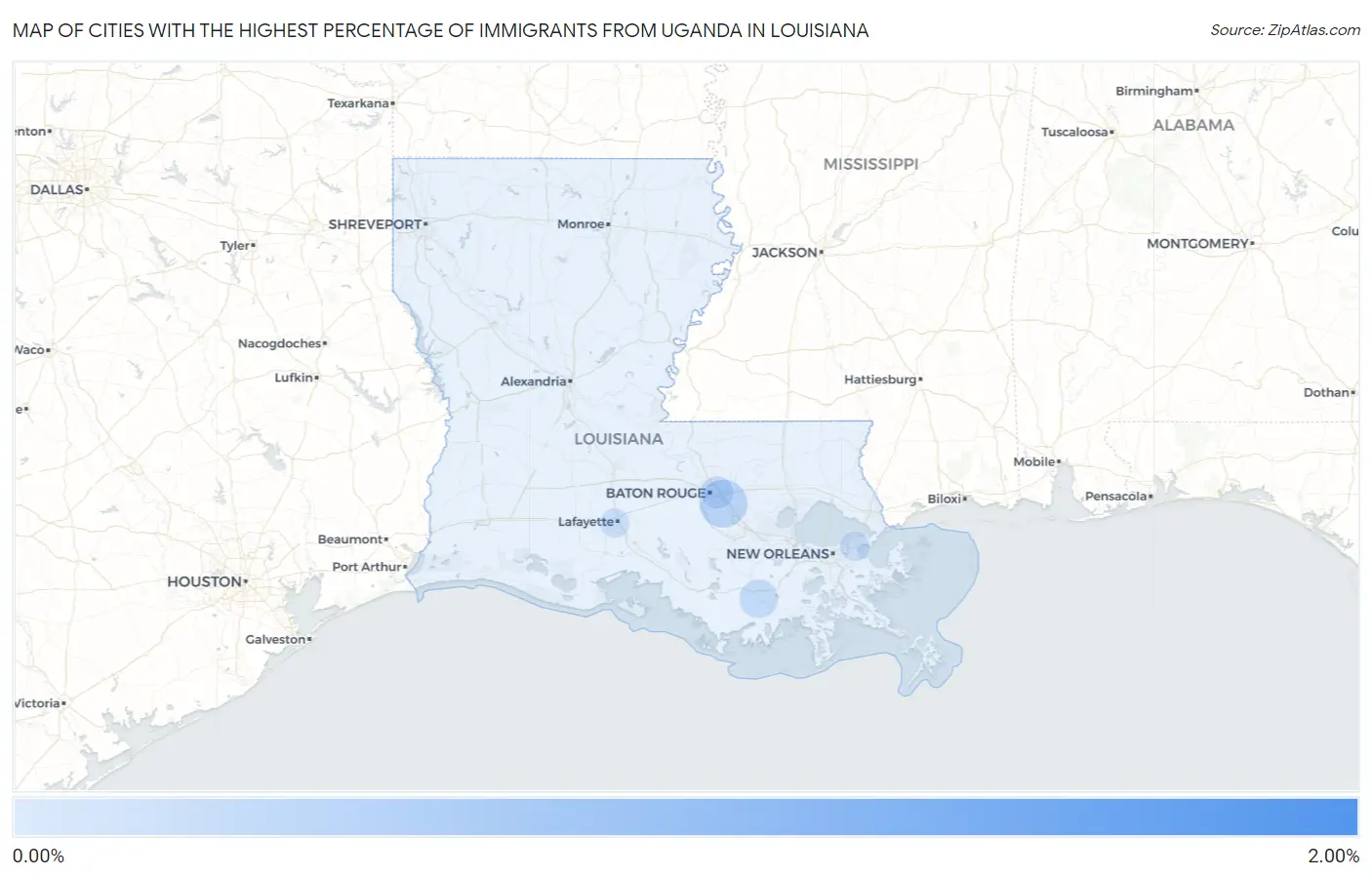 Cities with the Highest Percentage of Immigrants from Uganda in Louisiana Map