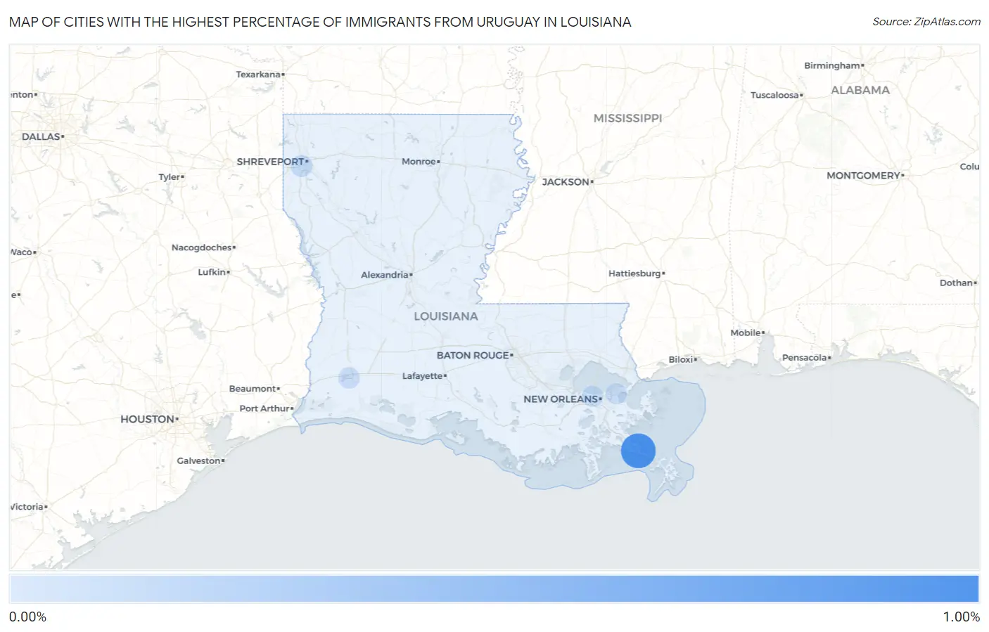 Cities with the Highest Percentage of Immigrants from Uruguay in Louisiana Map