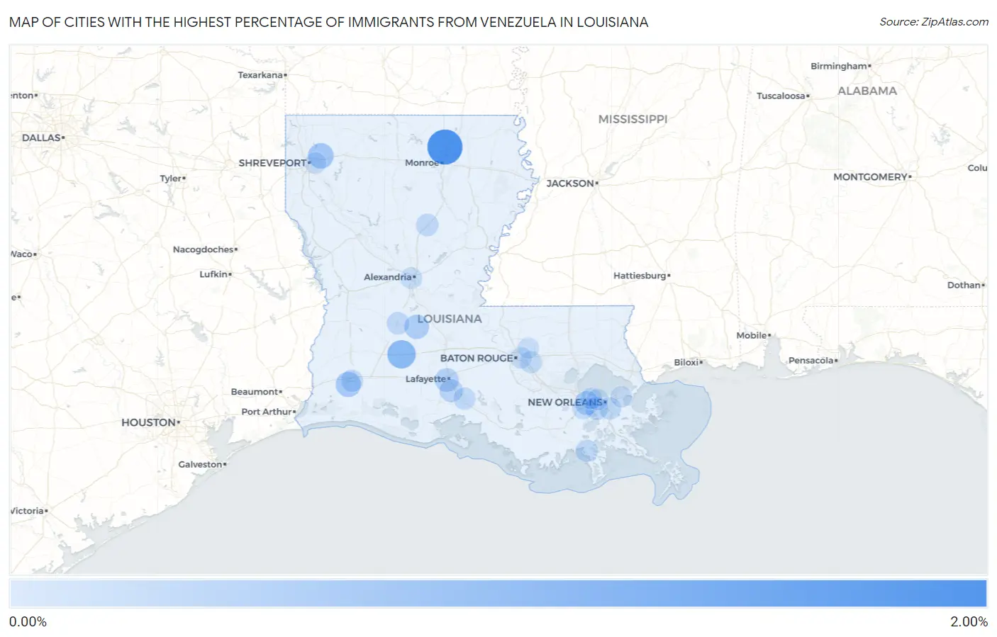 Cities with the Highest Percentage of Immigrants from Venezuela in Louisiana Map