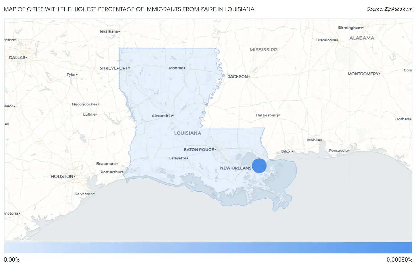 Cities with the Highest Percentage of Immigrants from Zaire in Louisiana Map