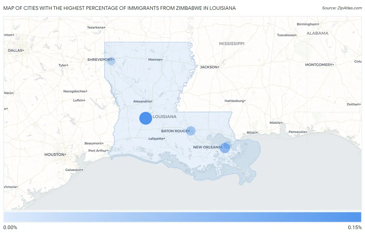Cities with the Highest Percentage of Immigrants from Zimbabwe in Louisiana Map