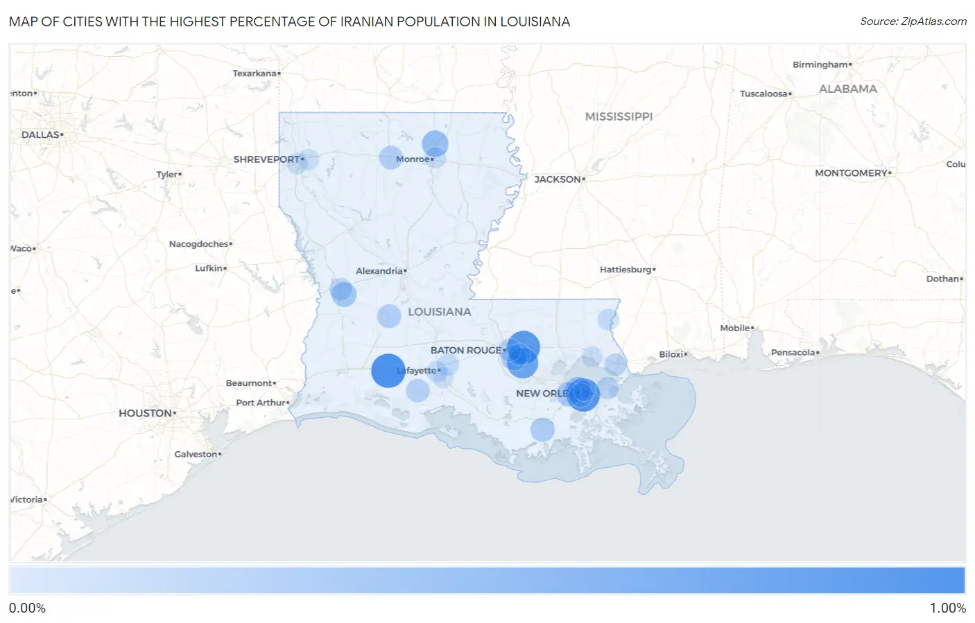 Cities with the Highest Percentage of Iranian Population in Louisiana Map