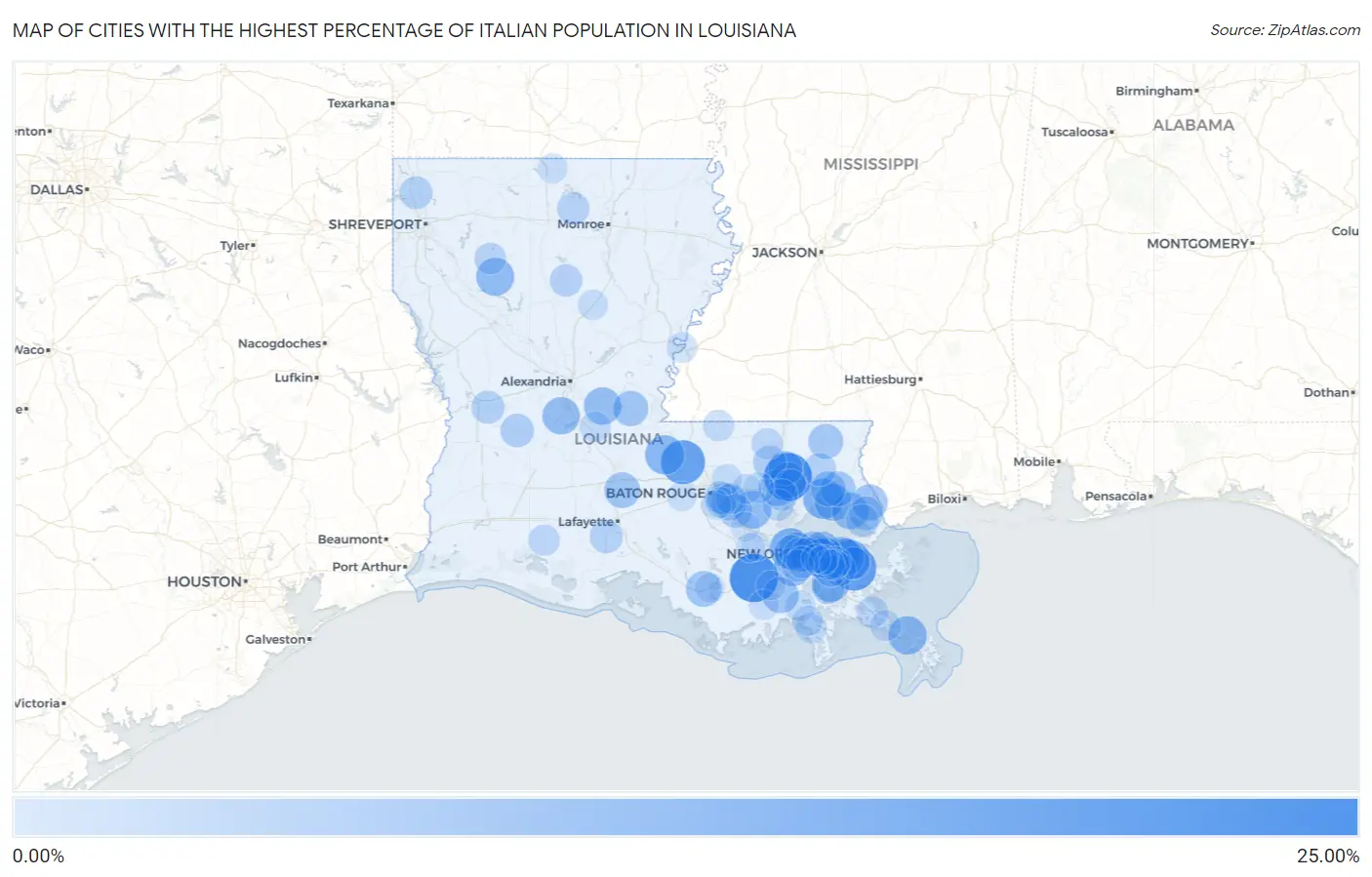 Cities with the Highest Percentage of Italian Population in Louisiana Map